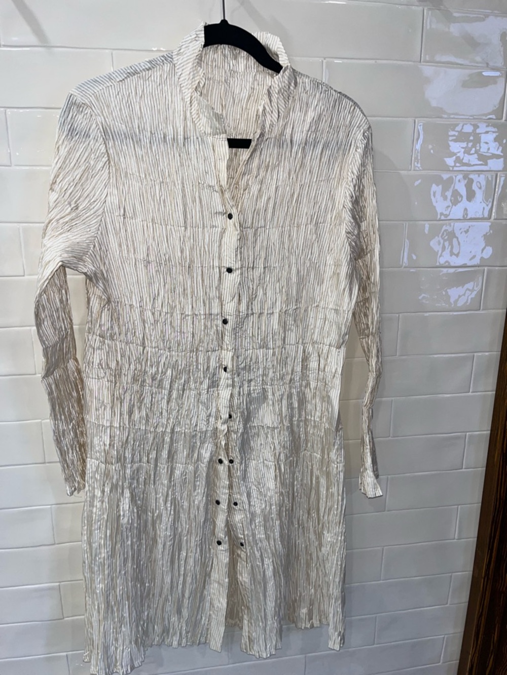 Crinkle Texture Silk Like Dress Tunic Coverup Mandarin Collar Cream & Tan